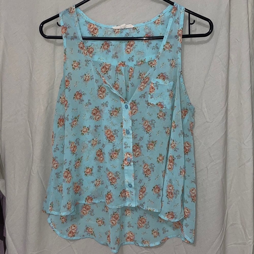 Sheer High Low Floral Button Down Tank Top